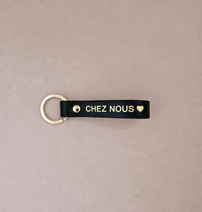 Porte-clé cuir  sweet home / chez nous: Doré / Français