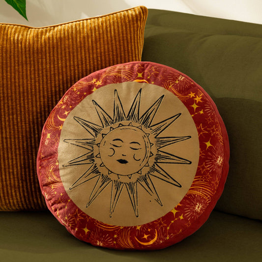 Coussin rond Éthéré Soleil en velours Poussière d’or/Rouille: Poussière d'or/rouille / 40 x 40 cm