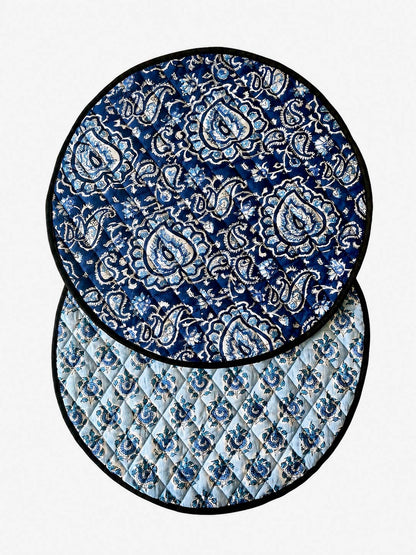 Sets de table ronds reversibles coton matelassé Block Print: Bleu