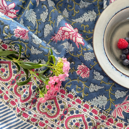 Nappe carré "Jardin romantique" coton imprimé blockprint 150x150cm