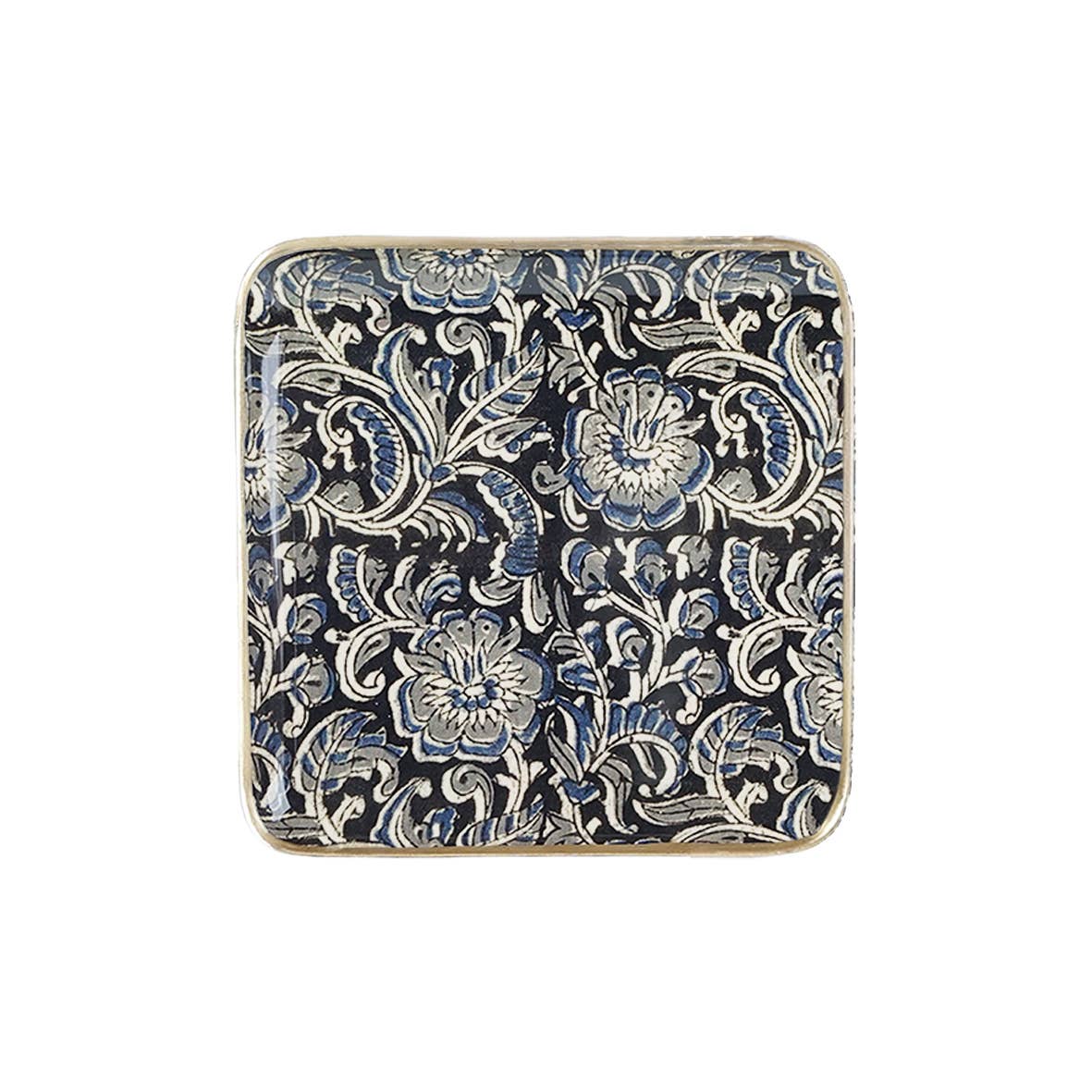 Plateau métal émaillé Kalamkari 20x20, bordure dorée