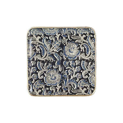 Plateau métal émaillé Kalamkari 20x20, bordure dorée