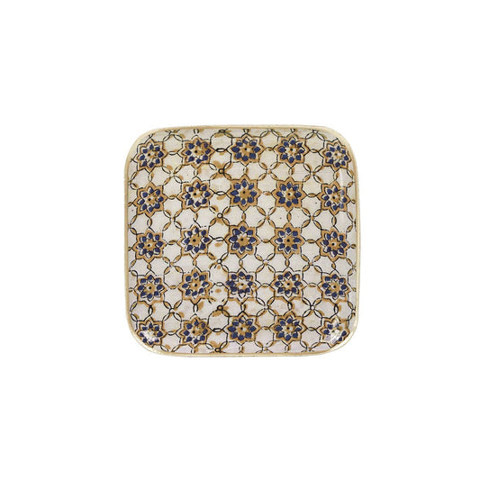 Plateau métal émaillé Zellige bleu 16x16, bordure dorée