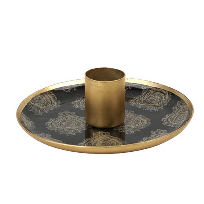 Petit plateau rond métal émaillé Arles noir, bord doré