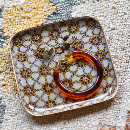 Plateau métal émaillé Zellige brick 16x16, bordure dorée